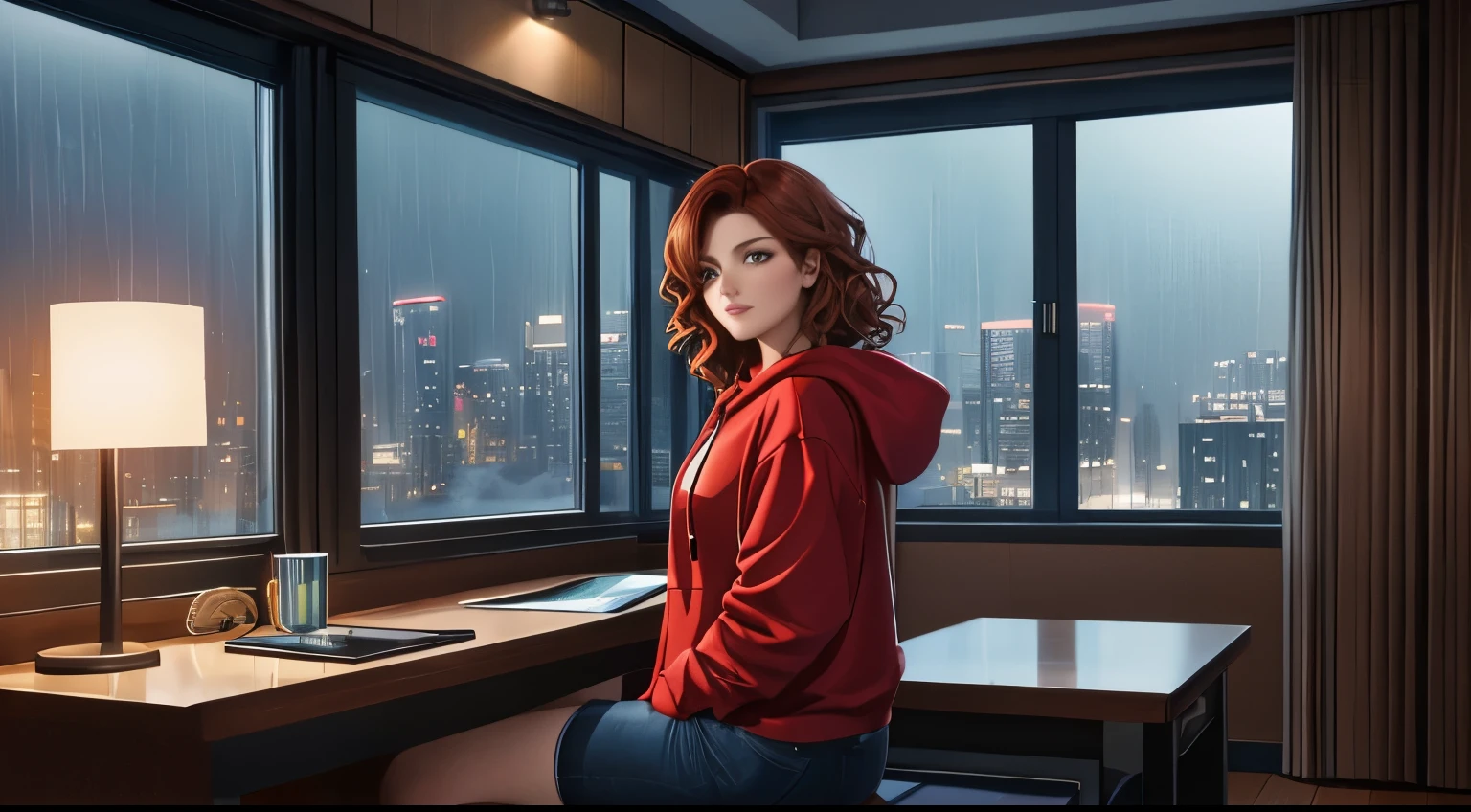 "Create a cinematic and cozy indoor scene at nighttime. A woman med breast with short auburn hair with shoulder-length, wavy auburn hair sits at a modern wooden desk in front of a large window, looking back slightly with a thoughtful expression. She is wearing a red hoodie with a white emblem on the back and blue jeans. The cityscape outside the window glows with warm yellow lights and a dark rainy atmosphere, creating a futuristic urban mood. The desk features a sleek tablet, a small potted plant, and soft ambient lighting from vertical modern lamps beside the window. The room's wooden flooring and warm tones enhance the peaceful, reflective atmosphere, blending technology and comfort seamlessly."
