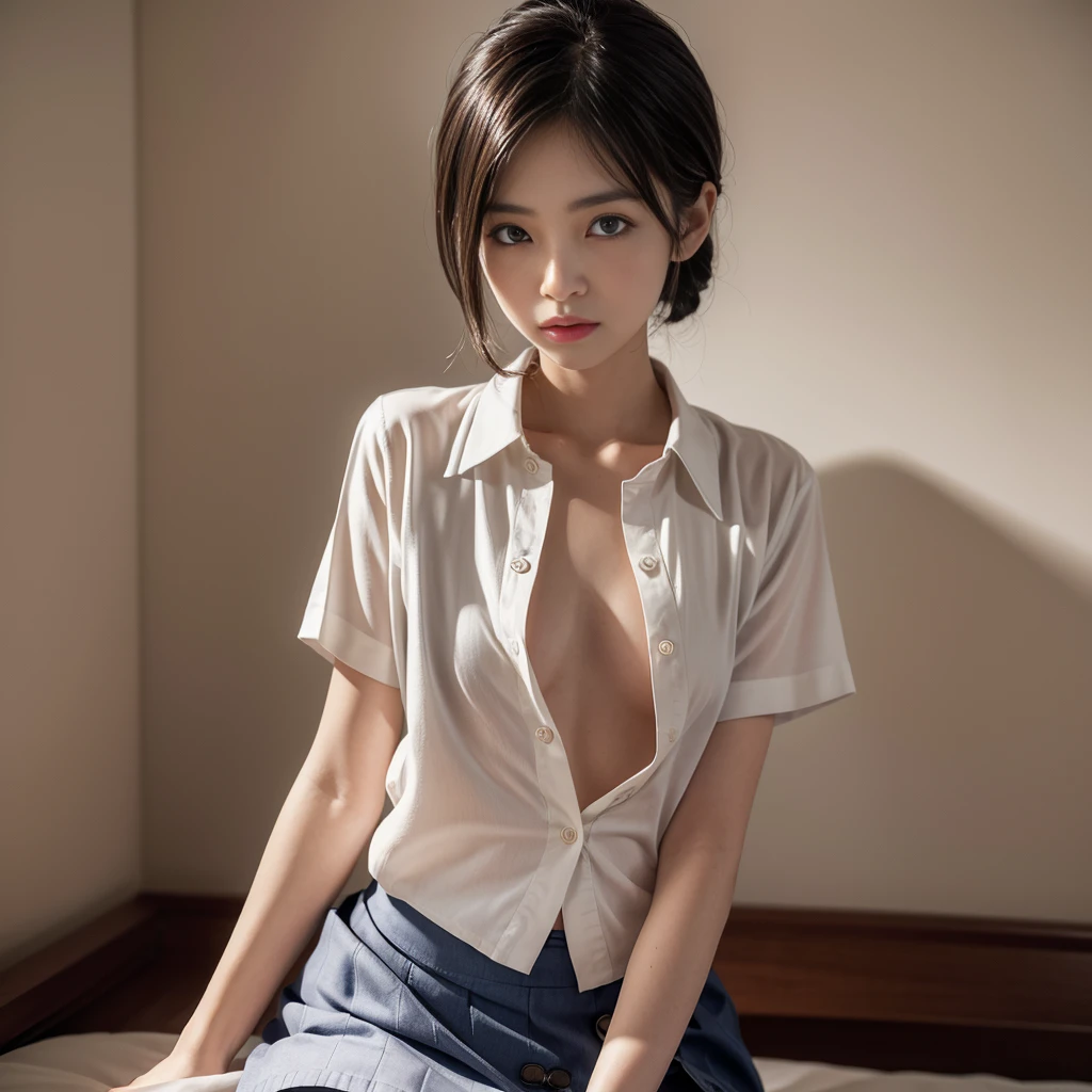 (extremely detailed CG unity 8k wallpaper), (masterpiece), (best quality), (ultra-detailed), (best illustration), (best shadow), ultra-high res, (photorealistic:1.4), 1girl at home, ((very oversize shirt, buttoned shirt, open shirt)), (man shirt), no bra, collarbone, (small breasts:1.2), small, (long hair:1.2), looking at viewer, light smile, upper body, makeup,
