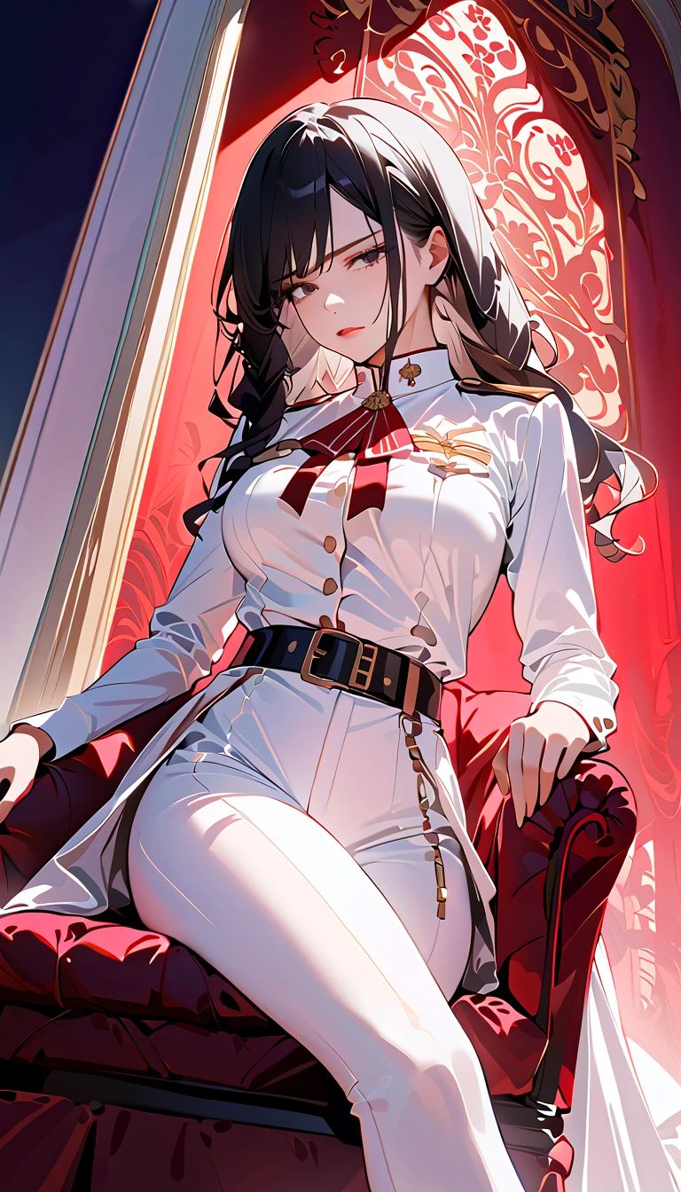 ( top quality :1.2,  very detailed, up to date,  vibrant,  super high resolution ,  high contrast, masterpiece:1.2,  top quality ,  best aesthetics),  1 Woman , Woman in military uniform,  White Bodysuit,  Knee High Boots ,  Detailed Equipment , Belt-mounted devices, Extremely High Quality Weapon Representation ,, Glare,   long black hair,   flowing hair, shout, Intimidation, Ambition , Sit in a fancy chair, Curtain of the Sky, Very delicate decoration, Red interior,  tapestry hanging on the wall,  The light shines through ,  dark palette 