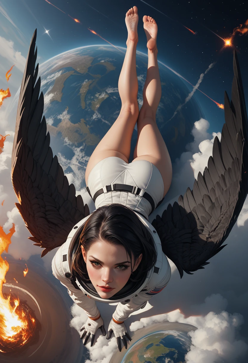 Score_9, score_8_up, score_7_up, 1woman, in free fall, viewed from above, back turned to viewer, looking away from viewer, high altitude view, plummeting head first towards Earth,upside down , the curve of the planet is visible, dressed in modern space suit, ((black wings extend from her back)), (wings are burning and damaged:1.3)