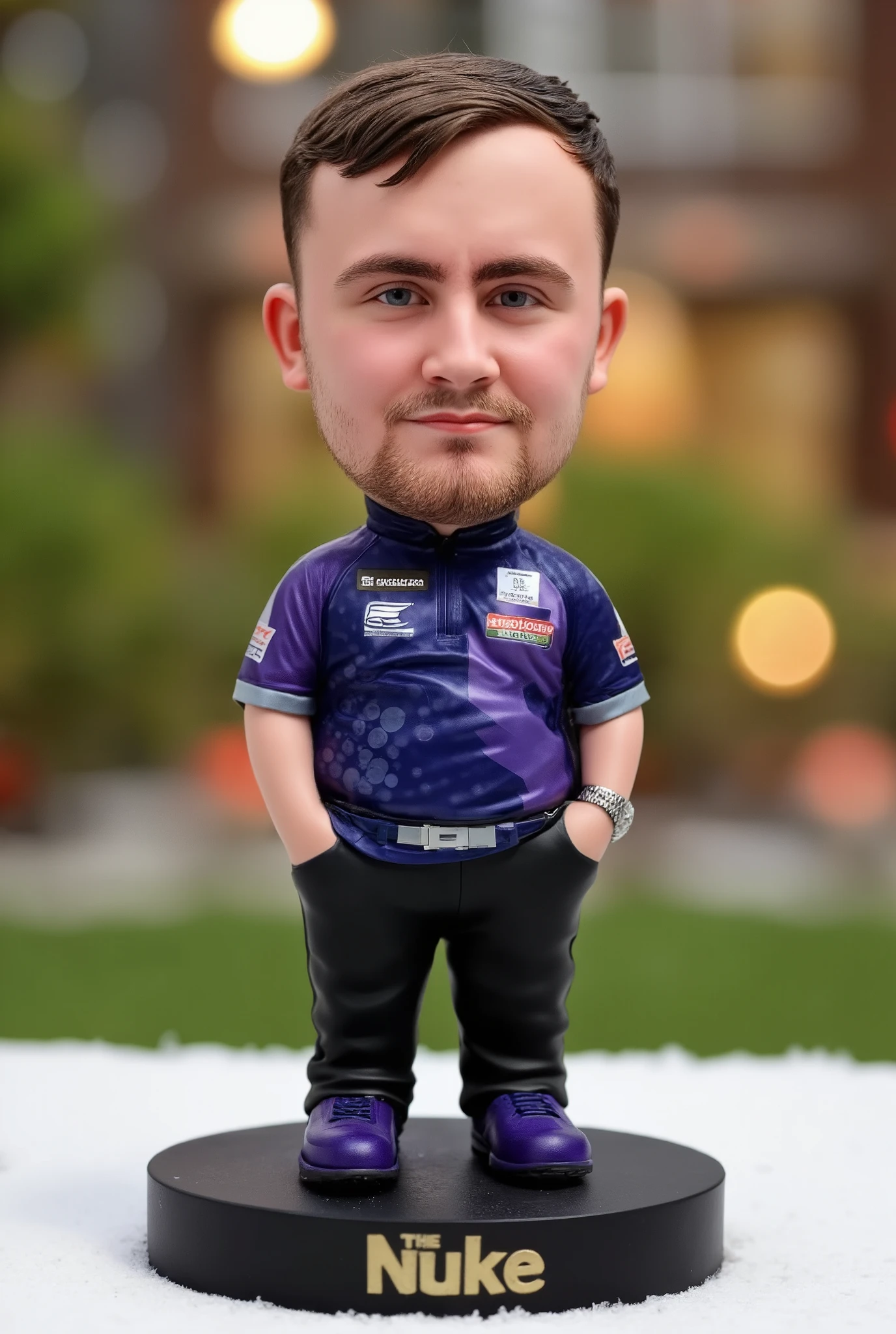 This is a high-resolution photograph of a detailed, miniature bobblehead action figure of Luke Littler, standing on a round, black base. The figure, which appears to be modeled after a dart player, rugged, intense expression. He is wearing a purple and black darts shirt, silver belt and black pants. The figure also wears purple shoes. The figure is positioned centrally in the image, with its hands in pockets, giving it a stance that suggests relaxation. 3d text reading "The Nuke" is engraved in gold in the base. The background is slightly blurred, with a bokeh effect that highlights the figure and creates a sense of depth. The background appears to be an outdoor, snowy Christmas setting, with festive lights and elements. The colors in the background are warm and vibrant, with a mix of green, whites, and red hues, suggesting it might be a park or a public space during winter. The lighting is from Christmas lights, casting soft shadows and adding a warm glow to the scene. The overall mood of the image is dynamic and focused, emphasizing the detailed and expressive miniature figure.