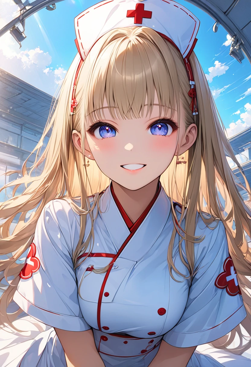 (  top quality ,4K,   high definition  :1.2),  super detailed , realistic :1.37,  portrait,  bright color, indoor lighting A girl with a red ribbon on a headband is sitting at a table.  She has beautiful blond hair  、  wearing nurse clothes :1.5,  White Kimono , (( white leg  ,   absolute domain)),  white handbags.   she has a cute smile on the viewer  .   the scene has perfect lighting and a very detailed background  .   the girl lifts her skirt slightly  ,   her pointed red panties can be seen from below  . The overall image should have the   top quality ,    high definition  であること, and have   bright color. The style of the image should be  realistic  with a focus on   portrait.   the lighting needs to create a warm and cozy indoor atmosphere  .
