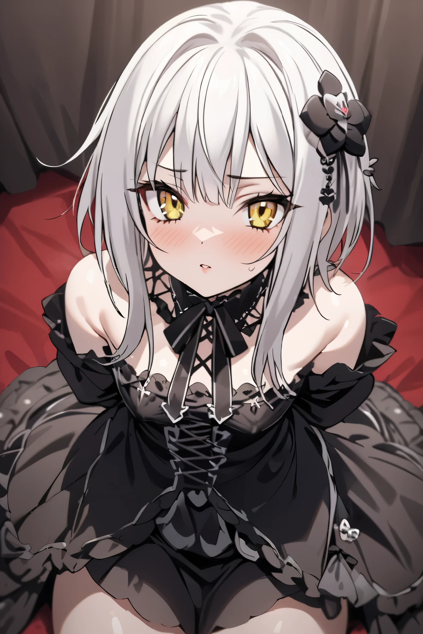 NSFW,masterpiece, top quality , high definition , very detailed,Tacheng Kitten、 short hair、 hair ornament、 yellow eyes、White Hair, Gothic Lolita Dress 