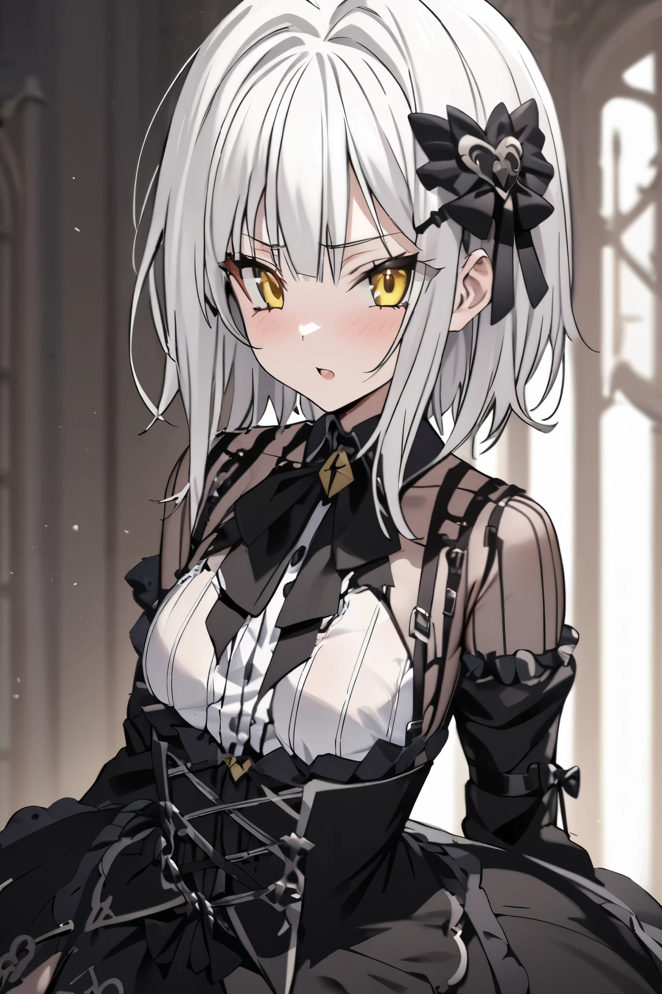 NSFW,masterpiece, top quality , high definition , very detailed,Tacheng Kitten、 short hair、 hair ornament、 yellow eyes、White Hair, Gothic Lolita Dress 