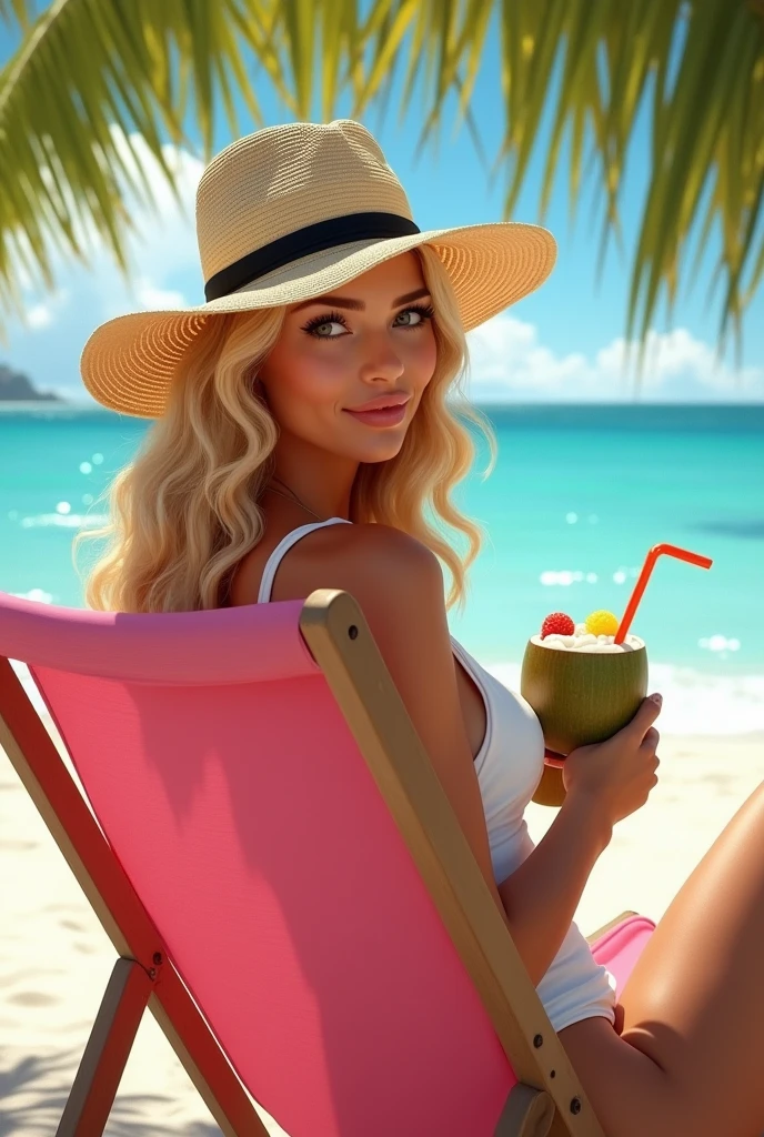 Blonde woman, on a beach, in the tropic, sips a coconut, on the beach, sitting in the sand, sexy (big boobs 1.2)