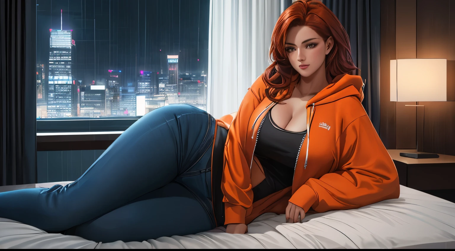 "Create a cinematic, cozy bedroom scene at nighttime with a futuristic cityscape visible through a large window. A young woman with shoulder-length, vibrant auburn hair reclines on a neatly made bed. She is wearing an orange hoodie and snug blue jeans. Her pose is relaxed, lying sideways, propped up by her right arm with her hand gently supporting her head, and her legs bent slightly in a natural, comfortable manner. Her facial expression conveys calm contemplation, as she gazes softly into the distance.

The room is softly illuminated by two modern bedside lamps, casting a warm, ambient glow that contrasts beautifully with the cool, bluish lights coming from the vibrant city skyline outside. The window reveals tall, illuminated skyscrapers with a subtle rain effect, creating a cinematic cyberpunk mood. The lighting is atmospheric, blending warm tones from the interior with the moody, futuristic light from the city outside.

The art style should be detailed and semi-realistic, with sharp textures and soft shading. Focus on the vibrance of the orange hoodie against the muted background, and add subtle reflections of city lights onto the bed surface to enhance realism. The moment captures a serene, introspective evening, rich with mood and cinematic storytelling."