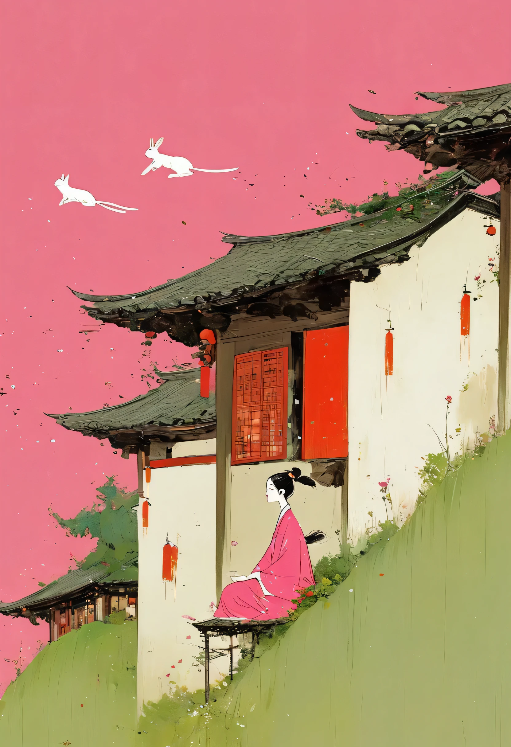 Santiago Caruso's Style , Alessandro Gottardo's Style 【 flat coating 】-
(( top quality )), illustrations, Hairy, cat, animal ears , Tail, A Girl in a Kimono with Rabbit Ears Is Flying, whole body, 1 girl, pink kimono 、Festive attire、Lonely, long hair, tousled hair、Flying Girl , , pink eye, Staring at the Audience , perfect body, dynamic pose,