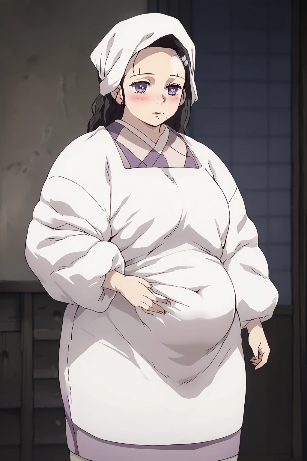  Kamado Aoie , Kamado Kie ,  mature woman, 1 girl,Alone,  purple eyes , black hair,Mole under the mouth , head scarf,kimono,Japanese clothing, apron,Kappo, score_9,   score_8_up,   score_7_up,   score_6_up,   score_5_up,   score_4_up,     masterpiece   ,   top quality,     very aesthetic ,    absurd,    source_Anime, Anime screencap,    one woman , Alone,   personal   ,  Super huge breasts, ((( super huge clevis, Super huge , Super huge boob))), Curvy,   chubby ,  Mature Woman,  chubby, ssbbw,   obese ,blush,  troubled expression、 sloppy stomach、Three-section abdomen、Plump belly、I'm worried about belly fat 、 face forward