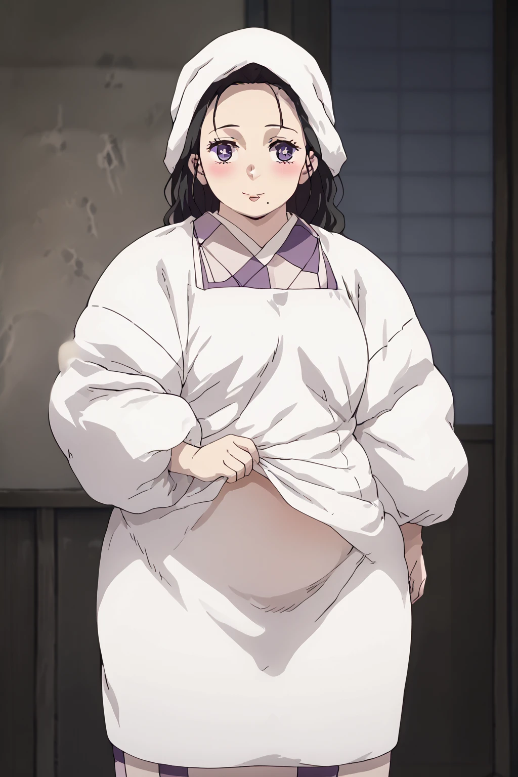  Kamado Aoie , Kamado Kie ,  mature woman, 1 girl,Alone,  purple eyes , black hair,Mole under the mouth , head scarf,kimono,Japanese clothing, apron,Kappo, score_9,   score_8_up,   score_7_up,   score_6_up,   score_5_up,   score_4_up,     masterpiece   ,   top quality,     very aesthetic ,    absurd,    source_Anime, Anime screencap,    one woman , Alone,   personal   ,  Super huge breasts, ((( super huge clevis, Super huge , Super huge boob))), Curvy,   chubby ,  Mature Woman,  chubby, ssbbw,   obese ,blush,  troubled expression、 sloppy stomach、Three-section abdomen、Plump belly、I'm worried about belly fat 、 face forward