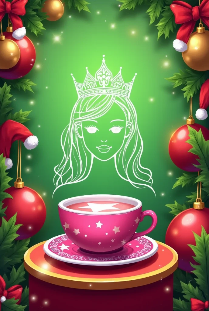 santagirl,chirtsmas,Snowy，Podium Background，Christmas， a vibrant pink coffee cup with intricate white design on the lid， holding a light pink drink topped with a white star， featuring a regal woman's face in delicate white outline， adorned with a golden crown and soft， flowing hair， set amidst ornate Christmas ornaments and a lush， festive branch with red and green balls， against a bright green background aglow with twinkling white lights， evoking a joyful， magical holiday ambiance.,