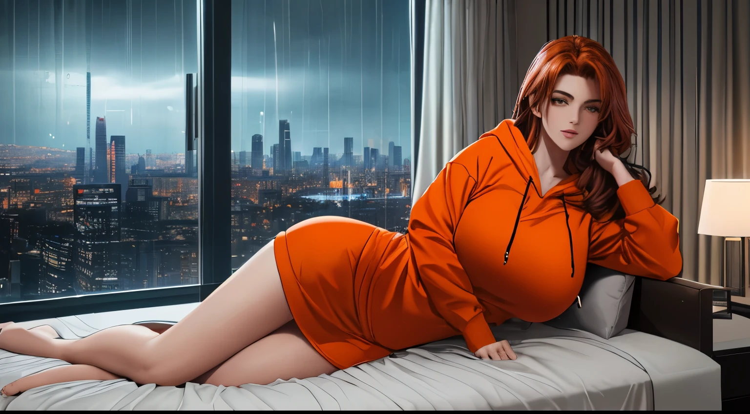 "Create a cinematic, cozy bedroom scene at nighttime with a futuristic cityscape visible through a large window. A woman big breast with shoulder-length, vibrant auburn hair reclines on a neatly made bed. She is wearing an orange hoodie and snug blue jeans. Her pose is relaxed, lying sideways, propped up by her right arm with her hand gently supporting her head, and her legs bent slightly in a natural, comfortable manner. Her facial expression conveys calm contemplation, as she gazes softly into the distance.

The room is softly illuminated by two modern bedside lamps, casting a warm, ambient glow that contrasts beautifully with the cool, bluish lights coming from the vibrant city skyline outside. The window reveals tall, illuminated skyscrapers with a subtle rain effect, creating a cinematic cyberpunk mood. The lighting is atmospheric, blending warm tones from the interior with the moody, futuristic light from the city outside.

The art style should be detailed and semi-realistic, with sharp textures and soft shading. Focus on the vibrance of the orange hoodie against the muted background, and add subtle reflections of city lights onto the bed surface to enhance realism. The moment captures a serene, introspective evening, rich with mood and cinematic storytelling."