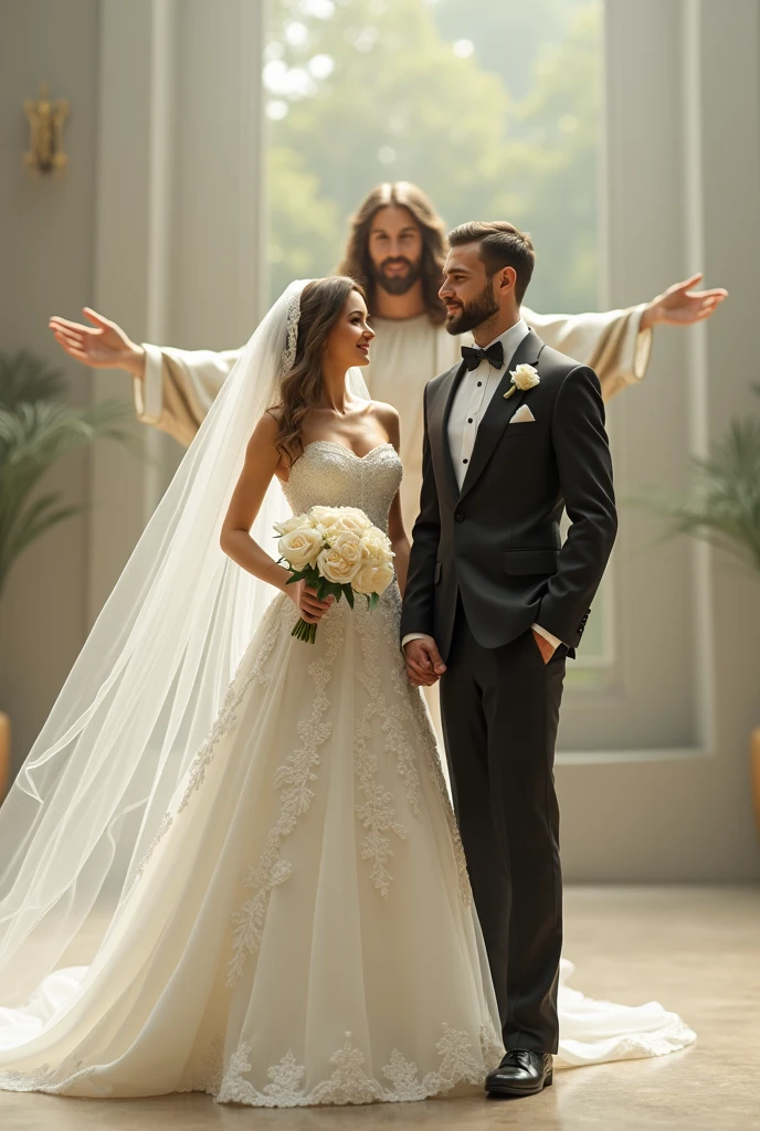 Crie uma imagem realista, best quality of Jesus holding hands with a bride and groom at a wedding ceremony