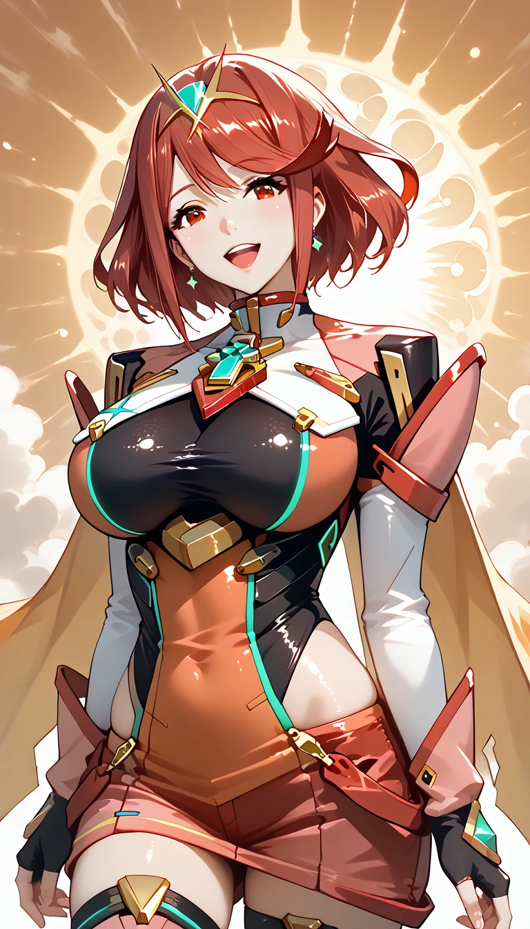 source_anime, masterpiece, best quality, perfect anatomy, very aesthetic, official art, pyra \(xenoblade\), 1girl, red hair, short hair, swept bangs, bob cut, red eyes, solo, traditional media, ultra detailed background, 
shiny skin, beautiful eyes, natural huge breasts, cleavage, curvy, cowboy shot, big smile, open mouth, BREAK, (fitted orange tunic with golden embroidered alchemical symbols along the sleeves and hem:1.3),
(golden belt with small pouches for potions and ingredients),
(flowing burnt orange cape with a hood,lined with gold runic designs:1.2),
(brown leather gloves with gold metallic ring),
(knee-high boots with intricate golden buckles:1.2),
(golden amulet shaped like a sun)