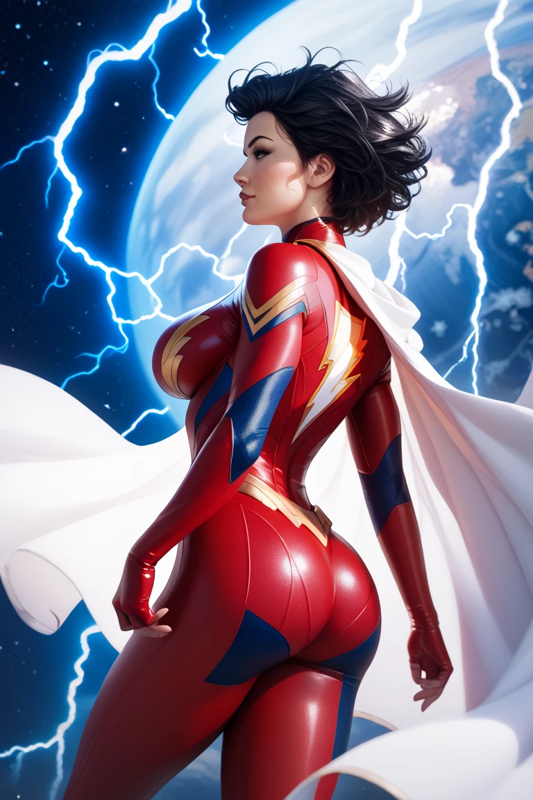 Sexy mary marvel,flying in space,detailled abs,detailled face,strong,red superheroine suit,white cape,clevage,big breast,short black hair,ass, lightning aura,boob window