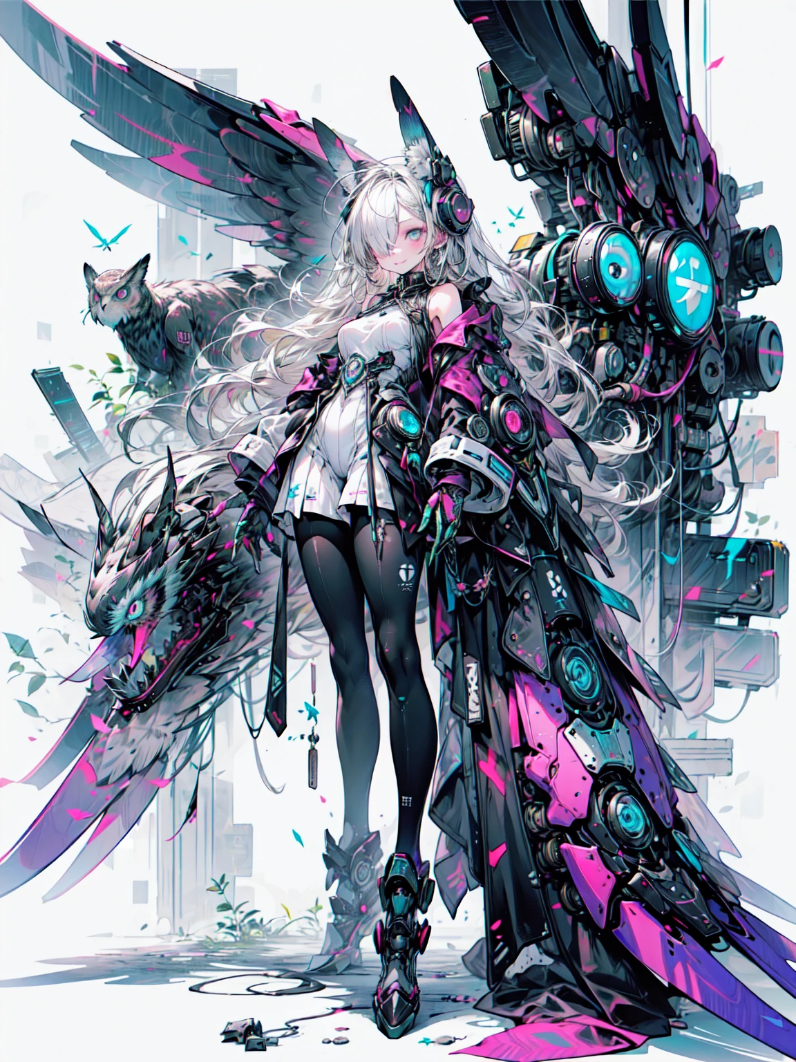 (masterpiece,  top quality),   super detailed  ,   anime style  , whole body,    Embrace a Cyberpunk Girl in a Crowd,  Hi-Tech Rifle   ,  owl wings 、 pink hair , Glowing green eyes, Please wear the Magical Girl costume and wear the sparkling green eyes of  , 8k high resolution, trending art station, White background,  standing in the wilderness , whole body, Blake、（  Dark Elf), (  1 girl), Alone,   perfect face, Get used to it,  , ((  long hair:1.2)), ( hair on one eye :1.3), [[  messy hair]], Shiny blonde white hair,   purple eyes , Multicolored eyes,   colorful hair, 輝く瞳, (  eyelash  ,   Eye Shadow  , pink   Eye Shadow  ),   bright  , smile,   Design Art by Haruhiko Mikimoto , Kawasaki, by Yoshitaka Amano