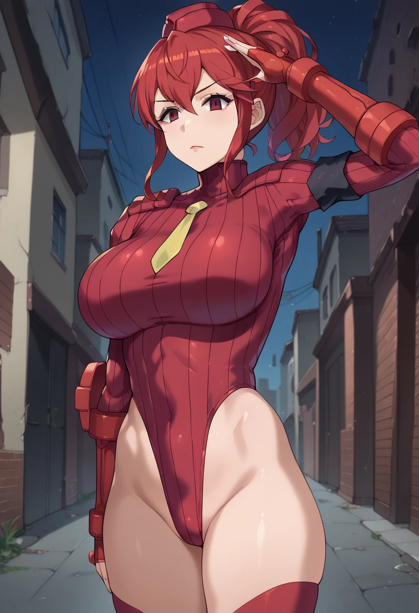  score_9,  score_8_up,  score_7_up,  score_6_up,  score_5_up,  score_4_up, BREAK Source_anime,looking at viewer,agnes tachyon, underbust, thighhighs, red eyes,Huge breasts, (DOLLSUIT),salute,  No Emotion, empty eyes,(two breast),no pubic hair, dark alley, night city, garbage, fatesanna, red hair, ponytail