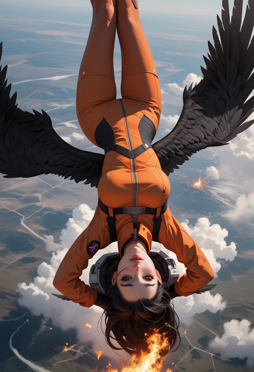 Score_9, score_8_up, score_7_up, 1woman, in free fall, viewed from above, back turned to viewer, looking away from viewer, high altitude view, plummeting head first towards Earth,upside down , the curve of the planet is visible, dressed in modern space suit, ((black wings extend from her back)), (wings are burning and damaged:1.3)