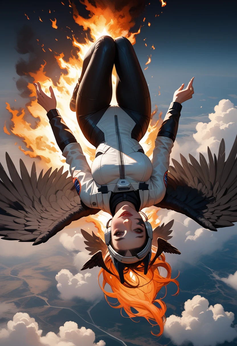 Score_9, score_8_up, score_7_up, 1woman, in free fall, viewed from above, back turned to viewer, looking away from viewer, high altitude view, plummeting head first towards Earth,upside down , the curve of the planet is visible, dressed in modern space suit, ((black wings extend from her back)), (wings are burning and damaged:1.3)