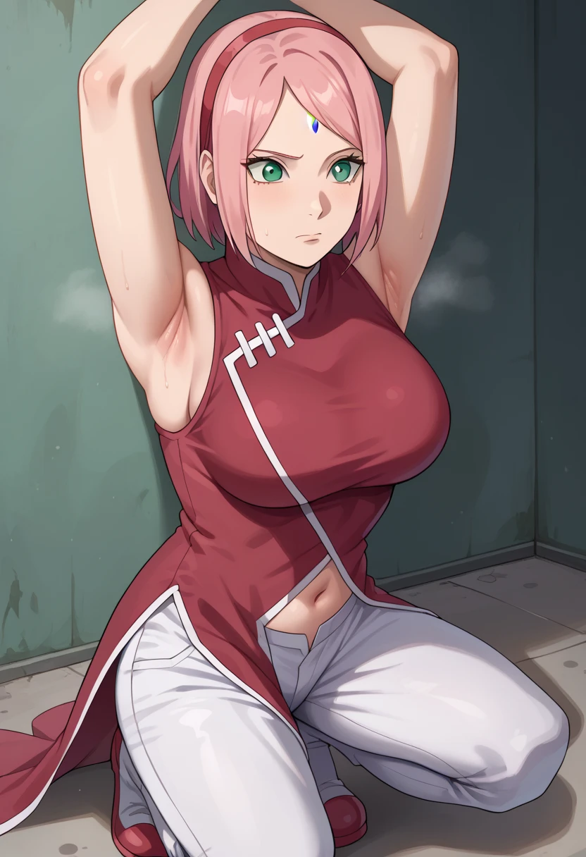 score_9, score_8_up, score_7_up,,nsfw, 1girl, Haruno Sakura, pink hair, short hair, green eyes, forehead mark, hairband,
red sleeveless dress, navel, large breasts, white pants,In a dim alley  ,Armpit,Armpit wrinkles,Armpit smell,Armpit juice,arms up,stretch, is seducing,(excess pubic hair,under hair),Squat down, 