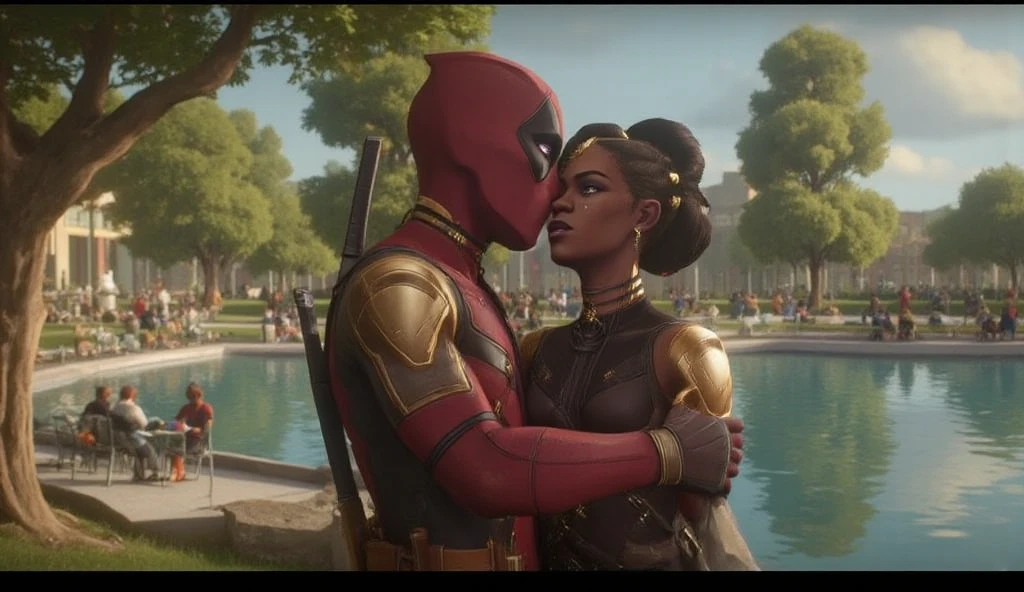 deadpool and Mel Medarda hugging each other at the park