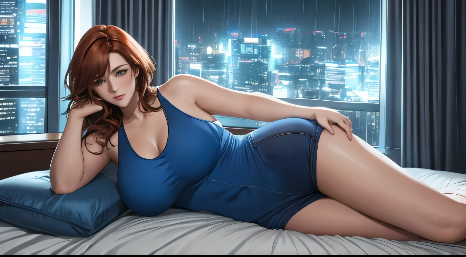 "An atmospheric, cinematic bedroom scene at night. A woman big bobs with shoulder-length auburn hair reclines sideways on a bed, wearing an orange tank top and blue jeans. Her pose is relaxed, propped on her elbow with her hand gently supporting her head, legs naturally bent. Soft, warm lighting from bedside lamps contrasts with cool bluish tones from a futuristic city skyline visible through a large window. Subtle rain effects on the window and reflections of city lights enhance the mood. The style is semi-realistic with detailed textures, soft shading, and cinematic lighting for a cozy, introspective vibe."