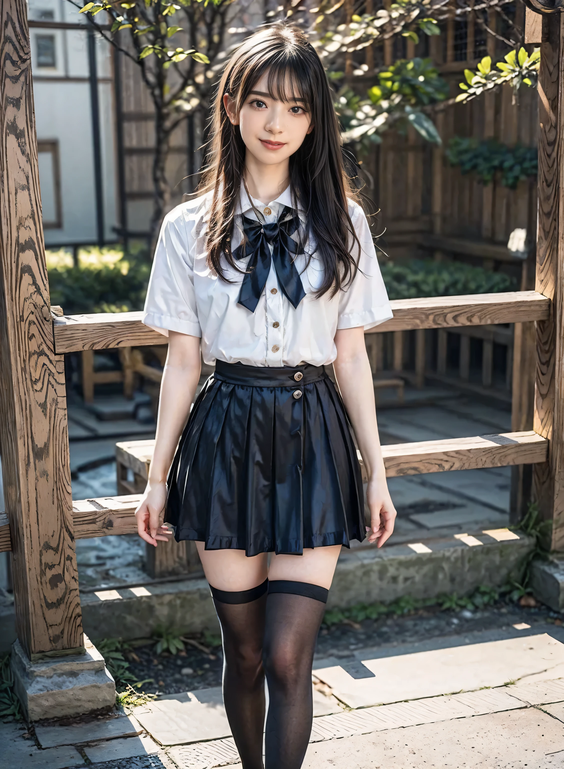 arafed asian woman in a skirt and a white shirt posing for a picture, japanese school uniform, japanese girl school uniform, wearing japanese school uniform, young gravure idol, realistic young gravure idol, young pretty gravure idol, Seifuku, cute schoolgirl, young skinny gravure idol, japanese model, jk uniform, beautiful anime high school girl, smile, wear black thigh high socks, Wear loafers, video , long foot, slender , whole body, long black hair straight,