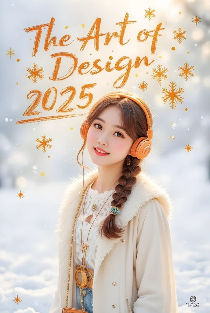 Font design, simple background, white background, gold letters, scribbling, brush marks, tilted dynamic, stroke extension, decorative strokes, text layout art, creative hand-drawn font design, monochrome, English text, no one, artistic composition, Text "The Art of Design 2025". Full body shot of nice Mennonite Asian girl with brown hair styled in waterfall braid, headphones, snow, sun rays, luxury sharp focus, grand lighting, magical, vibrant, beautiful and detailed. realistic,masterpiece,high quality,best quality,high resolution,highly detailed,HDR,UHD,vivid colors,surreal,slim,petite,indonesian,michelleziudith,photo