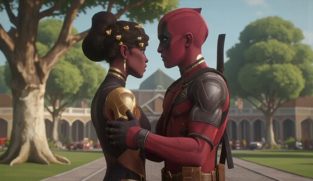 deadpool in a bodysuit and a mask                                                                                                                                                                
BREAK
Mel Medarda, hugging each other at the park