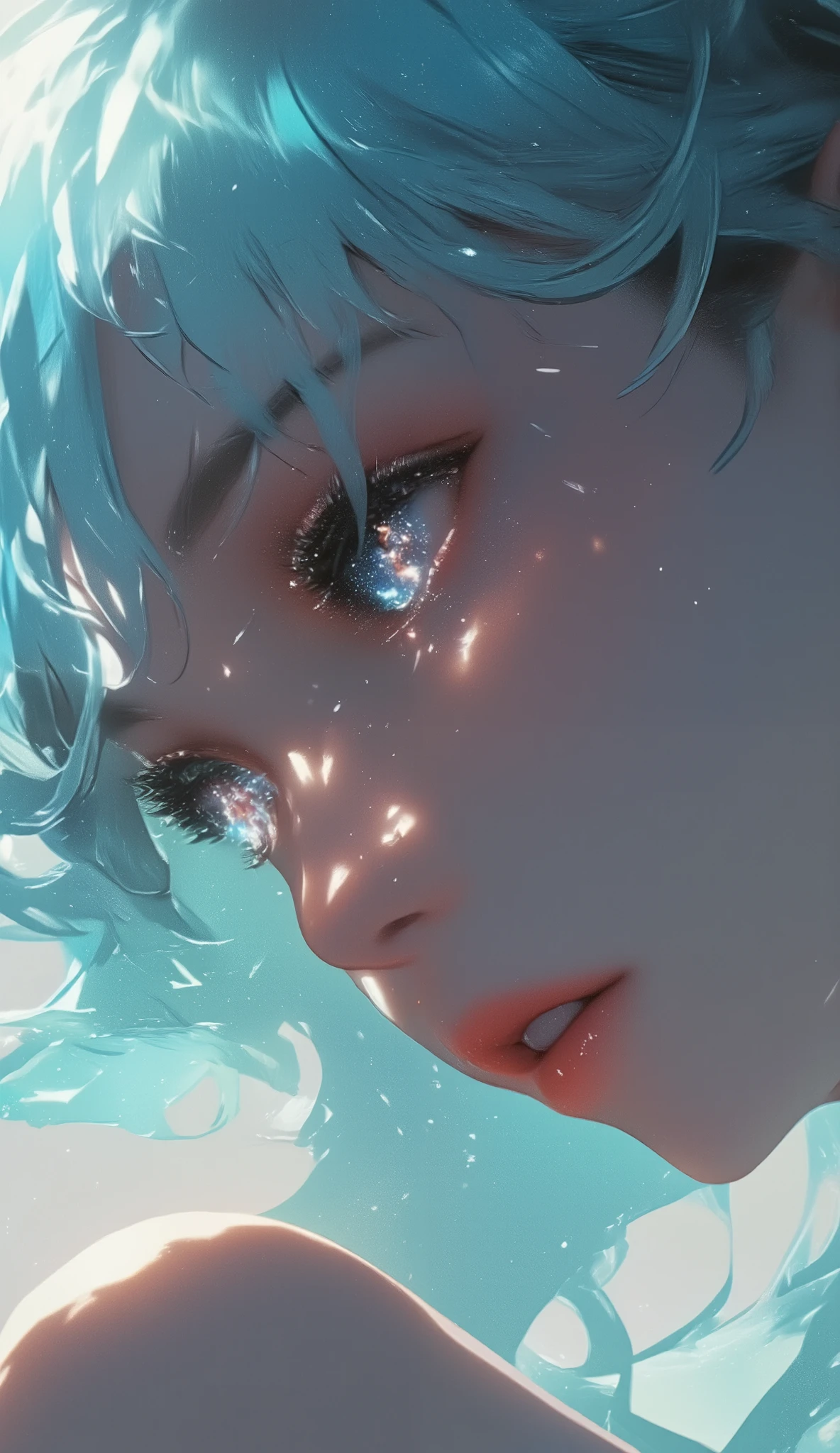  Close-up of a Korean woman's face .
 snow-white skin .
Black eyes , deep, expressive, obfuscating,  Cintilante,  iris shaped like a bright silver blue star.
sky blue hair .
thin nose.
 A fleshy and voluminous red mouth .
exposed shoulder.made costume