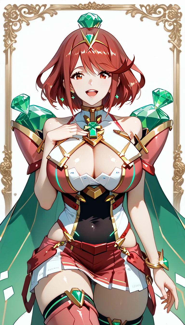 source_anime, masterpiece, best quality, perfect anatomy, very aesthetic, official art, pyra \(xenoblade\), 1girl, red hair, short hair, swept bangs, bob cut, red eyes, solo, traditional media, ultra detailed background, 
shiny skin, beautiful eyes, natural huge breasts, cleavage, curvy, cowboy shot, big smile, open mouth, BREAK, (emerald green fitted bodice with gold trim and gem-like embroidery:1.3),
(short, flowing emerald skirt with layered,translucent green fabric resembling sparkling emerald shards:1.2),
golden belt with emeralds embedded,
(short emerald cape with gold lining:1.1),
(gold and emerald knee-high boots:1.2),
(emerald-encrusted headpiece shaped like a crown:1.1),
(golden bracelets with tiny dangling emerald charms that reflect light:1.1)