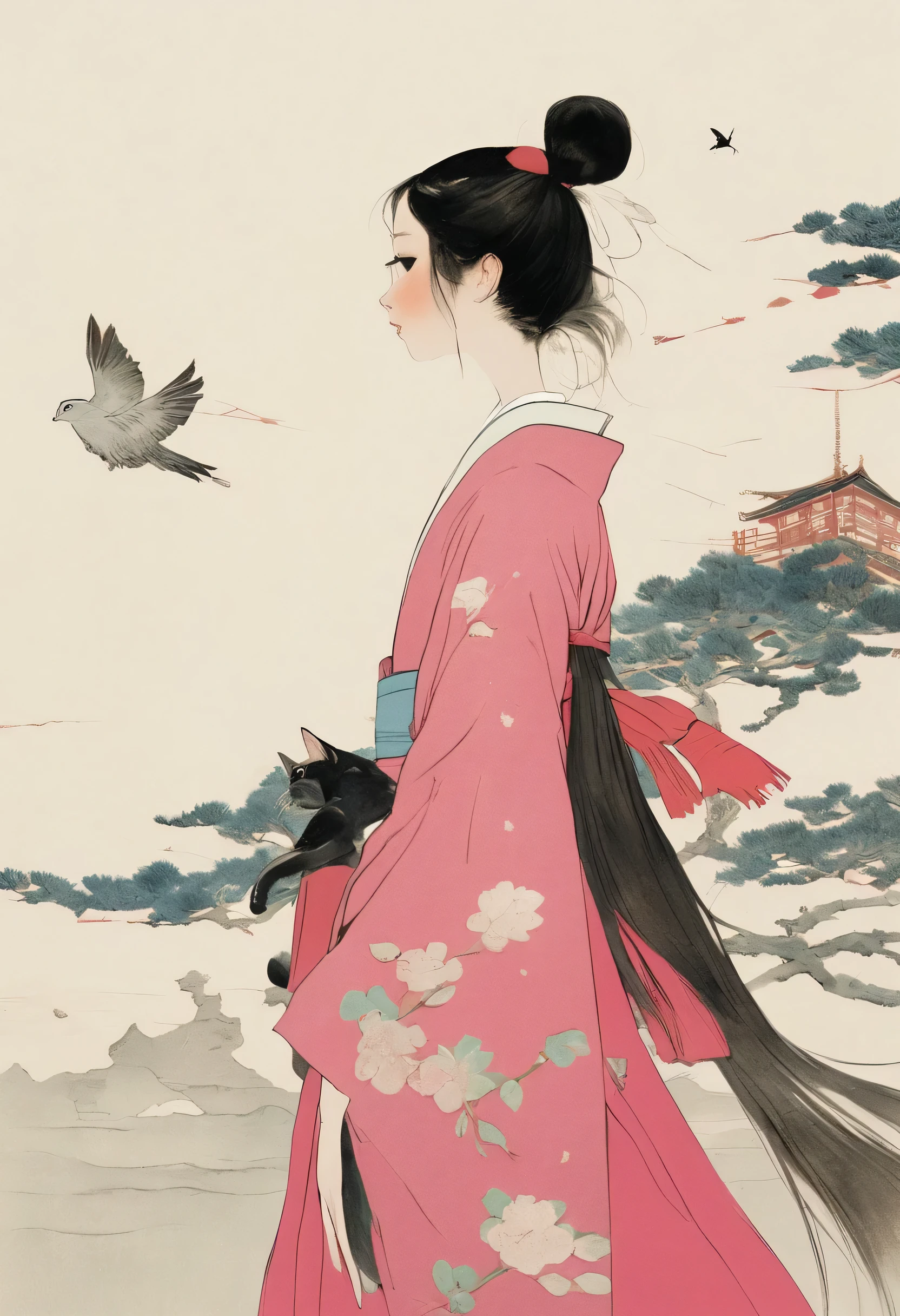 Santiago Caruso's Style , Alessandro Gottardo's Style 【 flat coating 】-
(( top quality )), illustrations, Hairy, cat, animal ears , Tail, A Girl in a Kimono with Rabbit Ears Is Flying, whole body, 1 girl, pink kimono 、Festive attire、Lonely, long hair, tousled hair、Flying Girl , , pink eye, Staring at the Audience , perfect body, dynamic pose,