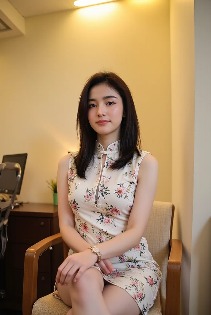 Chiasa, A beautiful 20-year-old Thai woman sits gracefully, exuding a gentle demeanor. She wears a form-fitting, high-neck bright red cheongsam adorned with intricate floral patterns, blending seamlessly with the soft yellow lighting in the background. A computer, desk, and comfortable office furniture create a warm and friendly atmosphere. The composition highlights her serene expression and the inviting ambiance of the setting.