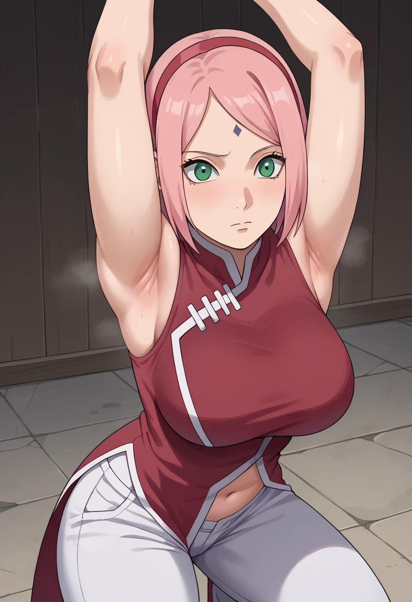 score_9, score_8_up, score_7_up,,nsfw, 1girl, Haruno Sakura, pink hair, short hair, green eyes, forehead mark, hairband,
red sleeveless dress, navel, large breasts, white pants,In a dim alley  ,Armpit,Armpit wrinkles,Armpit smell,Armpit juice,arms up,stretch, is seducing,(excess pubic hair,under hair),Squat down, 