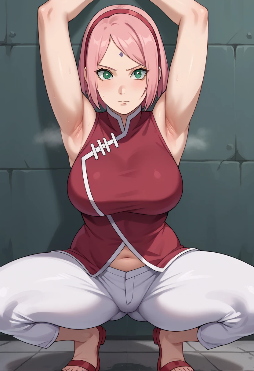 score_9, score_8_up, score_7_up,,nsfw, 1girl, Haruno Sakura, pink hair, short hair, green eyes, forehead mark, hairband,
red sleeveless dress, navel, large breasts, white pants,In a dim alley  ,Armpit,Armpit wrinkles,Armpit smell,Armpit juice,arms up,stretch, is seducing,(excess pubic hair,under hair),Squat down, 