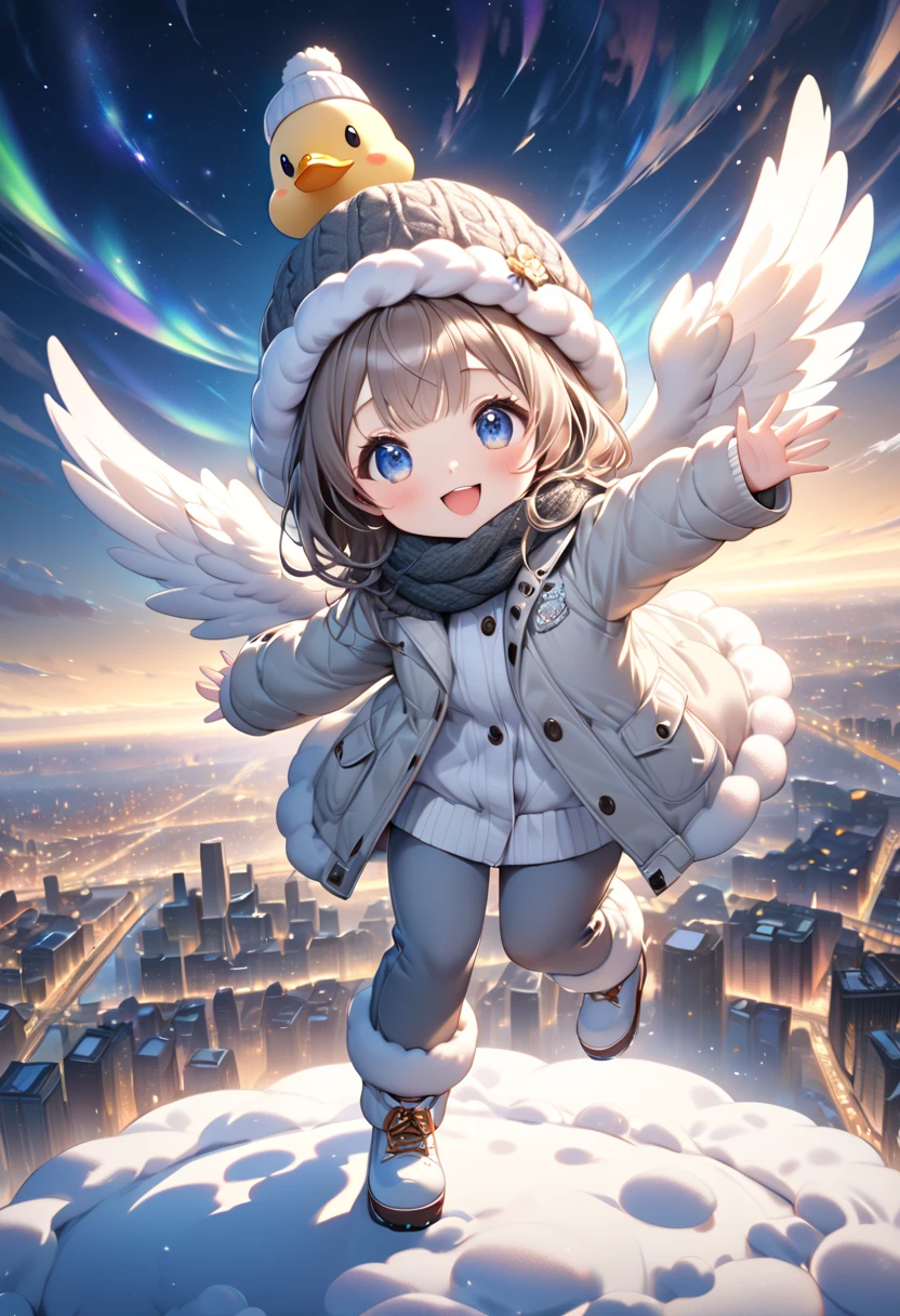 (masterpiece), (ultra-detailed, best quality, clear focus, dramatic scene, cinematic), shadow, (ultra-high resolution, 8k), perfect anatomy, perfect face, (detailed face), (detailed eye), (chibi), (5 fingers), cute Japanese chibi girl, famous Japanese chibi idol, very beautiful and cute and cool face, (wearing a cute winter coat with warm pants:1.2), woolen scarf and glove with woolen hat, (large breasts), (She is flying on the duck:1.3), (flying in the sky), professional lighting, (detailed very cute fluffy giant duck is flapping its wings to fly high in the sky:1.3), full body, happy smile, (amazing view of city lights and milky way with aurora)