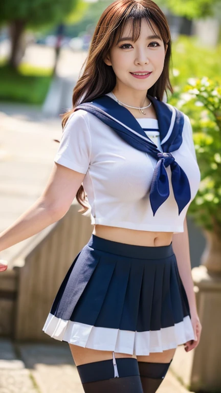 full body shot, from below,  Japanese woman with a viewing angle of, (Wife:1.6), (68 years old:1.6),  detailed face , Facial wrinkles, Wrinkles around the eyes, happy smile,  detailed skin texture,  white skin,  heavy makeup ,  long hair, (curvy body, saggy breasts,  plump thighs), (earrings,  necklace, school uniform, sailor uniform, sailor collar, sailor collar ribbon,  navy blue pleated mini skirt:1.2), (black thighhighs,  wearing high heels:1.2), (Standing on the sidewalk,  My whole body is photographed from toe to head:1.2), (surrealism, best quality, ultra detailed, absolutely resolution, 8k, anatomically correct), depth of field, looking at viewer, tachi-e, (gal.safetensors), full body,  detailed face , Wifeが制服を着てコスプレしている
