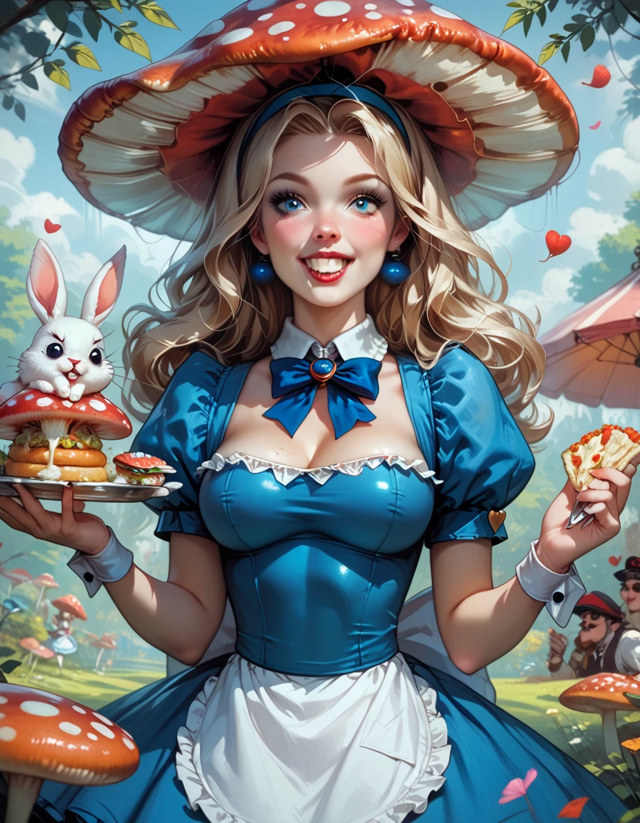 Alice in Wonderland, eats the mushroom that makes her tall, she is growing larger and her dress is shredding, her underwear is tight and ripping, boobs are squished and tight, white rabbit is excited, fine details, face is pretty and innocent, HD, 8x, lurid and vivid colors, classic fairy tale aesthetic, classic illustration style, 