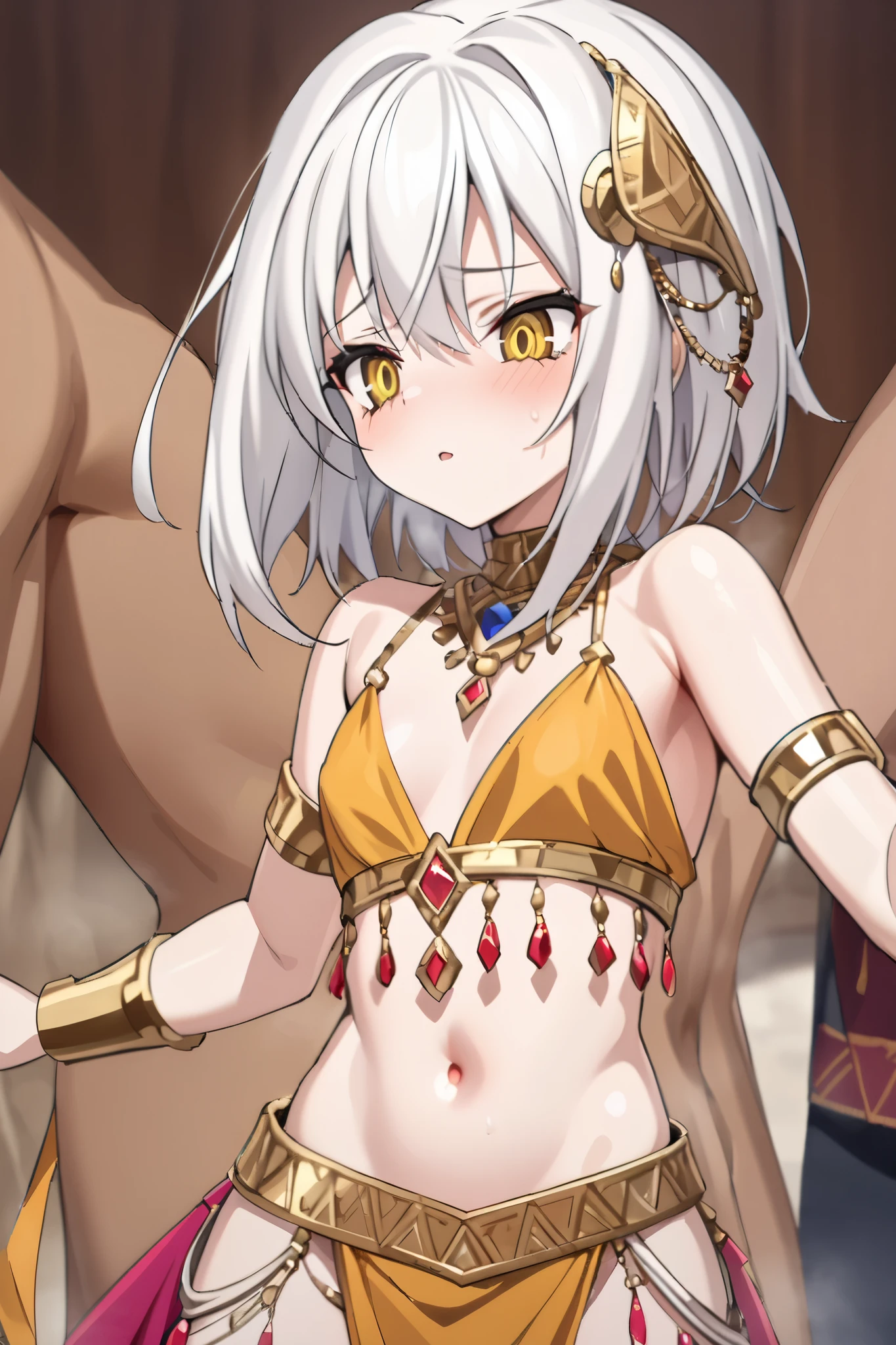 NSFW,masterpiece, top quality , high definition , very detailed,Tacheng Kitten、 short hair、 hair ornament、 yellow eyes、White Hair,Dancer,Arabian Costume, hollow eyes, slave