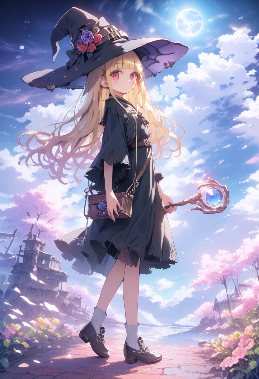 
score_9, score_8_up, score_7_up, score_6_up, score_5_up, score_4_up, masterpiece, best quality, source_anime, Beautiful flower fields all around the countryside、
alone,cute 1girl,(loli:1.2),blonde hair,straight long hair,blunt bangs,red eyes,blush,Smile,pastel hues,walking in お花畑,blurred edges,nostalgic mood,(blurry,(depth of field:1.1),mediterranean,(beautiful delicate sky:1.4),(full body)、Full body immersion、 (1 girl), witch, still young,  (from behind), holding magic wand, , smiling, black witch hat, black witch robe, witch shoes, thighs, blue sky, white clouds, calm sunlight,
break (fly high above the clouds:1.6),
(masterpiece), high definition, high saturation, sharp contrast, exquisite illustration, detailed face, detailed hair, detailed clothing texture, Big moon in the background