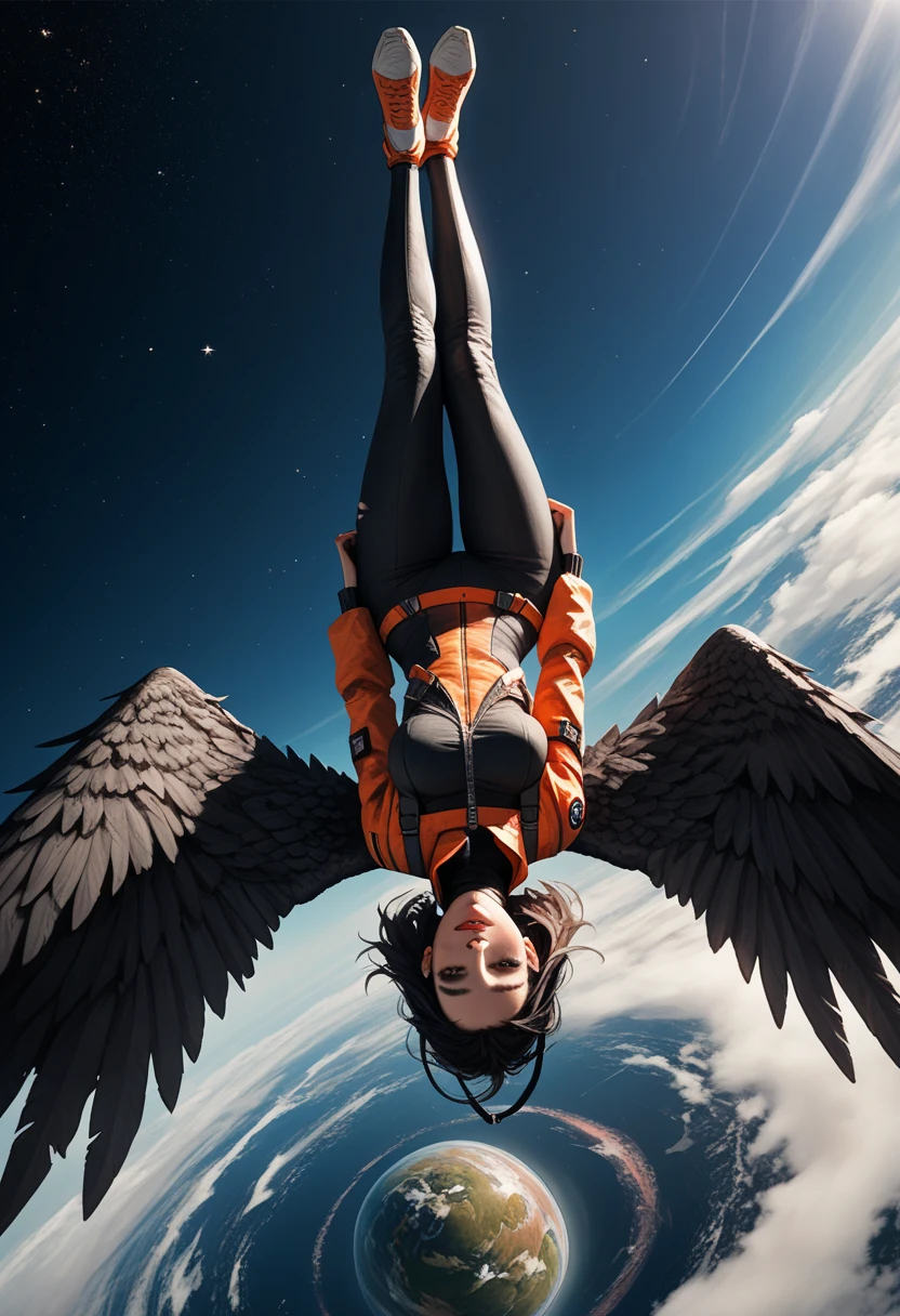 Score_9, score_8_up, score_7_up, 1woman, in free fall, viewed from above, back turned to viewer, looking away from viewer, high altitude view, plummeting head first towards Earth,upside down , the curve of the planet is visible, dressed in modern space suit, ((black wings extend from her back)), (wings are burning and damaged:1.3)