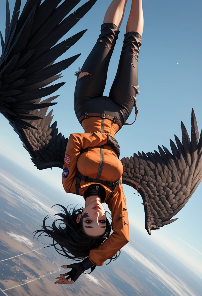 Score_9, score_8_up, score_7_up, 1woman, in free fall, viewed from above, back turned to viewer, looking away from viewer, high altitude view, plummeting head first towards Earth,upside down , the curve of the planet is visible, dressed in modern space suit, ((black wings extend from her back)), (wings are burning and damaged:1.3)