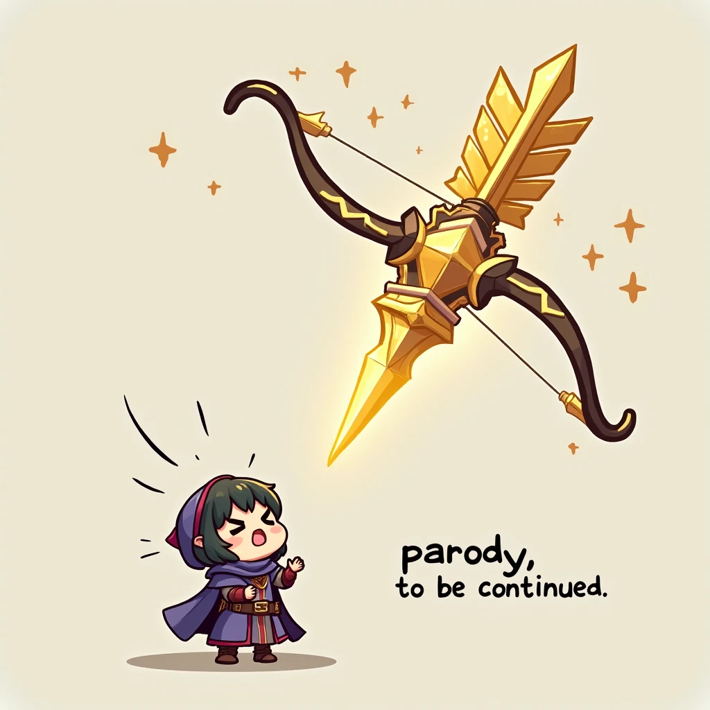 The image has the caption "parody, to be continued" written on the bottom right of it, depicting a chibi character who is about to be pierced by a iridescent gold-plated god bow and god arrow, rolling his eyes and passing out