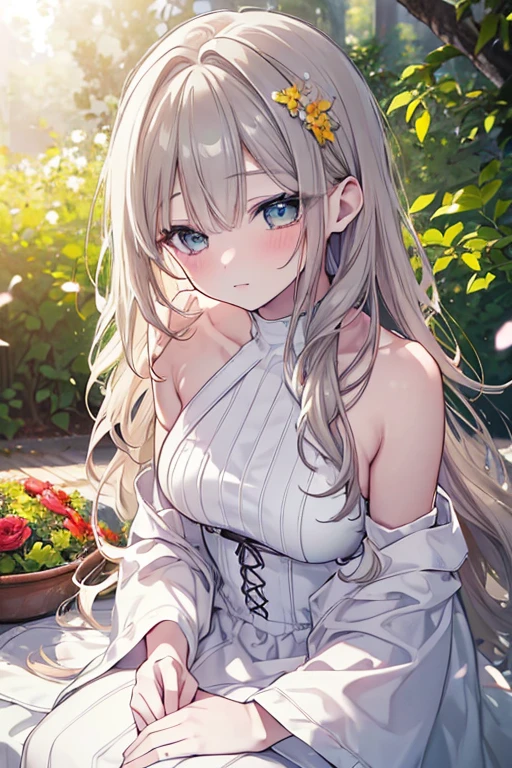 akaihaato, 1girl, white aodai, photo art, (flower), a stunning photo with beautiful saturation, ultra high res,(realistic:1.4)),deep shadow,(best quality, masterpiece), pale skin, dimly lit, shade, flustered, blush, highly detailed, skinny, BREAK depth of field, film grain, wrinkled skin, looking at viewer, warm smile, (upper body), masterpiece,ultra realistic,32k,extremely detailed CG unity 8k wallpaper, best quality, blonde