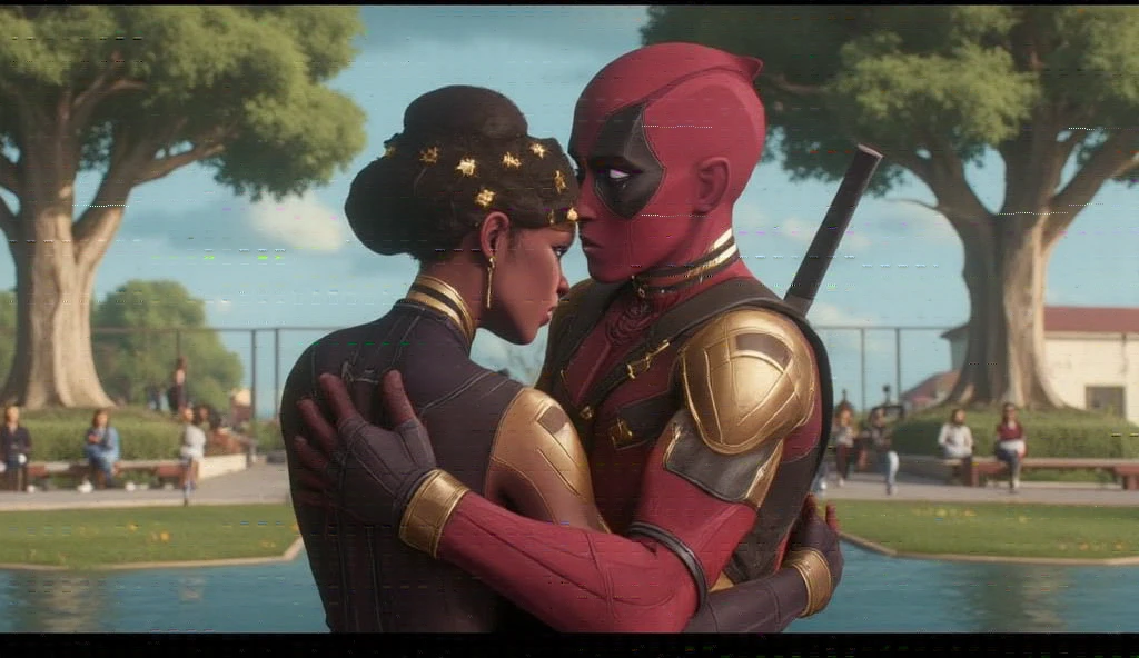 deadpool and Mel Medarda hugging each other at the park