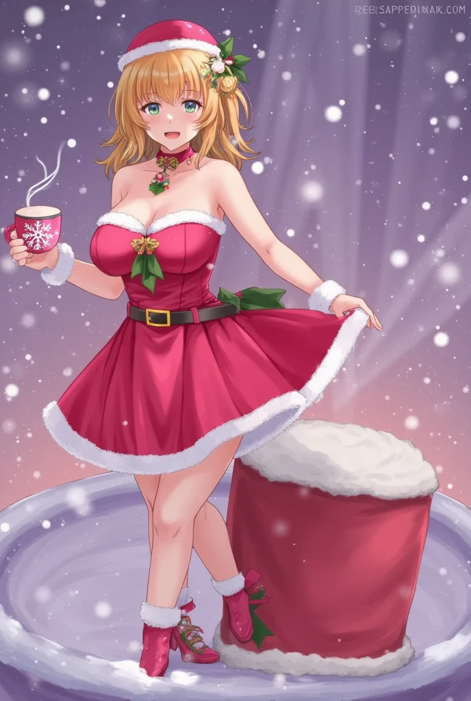 santagirl,chirtsmas,Snowy，Podium Background，Christmas， a vibrant pink coffee cup with intricate white design on the lid， holding a light pink drink topped with a white star， featuring a regal woman's face in delicate white outline， magical holiday ambiance.,