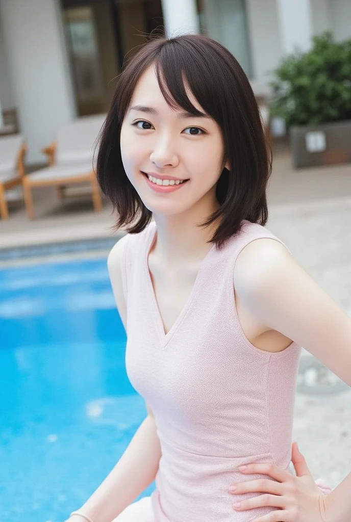 The images are very detailed and、  BREAK E621 Illustration  、 Gives the illusion of reality   .  photo of adult japanese woman ,    beautiful and charming  ,  taken by the pool .   sheの顔ははっきり映っている  ,    、 staring at the viewer with a warm and gentle smile   .    emphasizes the creation of   ,  she  ,   magic on the ring finger of her left hand  .    Long black hair flowing down gracefully on her shoulder  ,  sheの美しさを高める .   sheはカメラにまっすぐ向いている  , Sunbathing.   The composition is、sheの上半身だけが見える  ,  Knee,    The background is directed towards her slender figure and thin waist  ,  と穏やかなプールと明るい青空が作り出すこと ていますリラックスした雰囲気 .,(naked、Nipples:2.0)