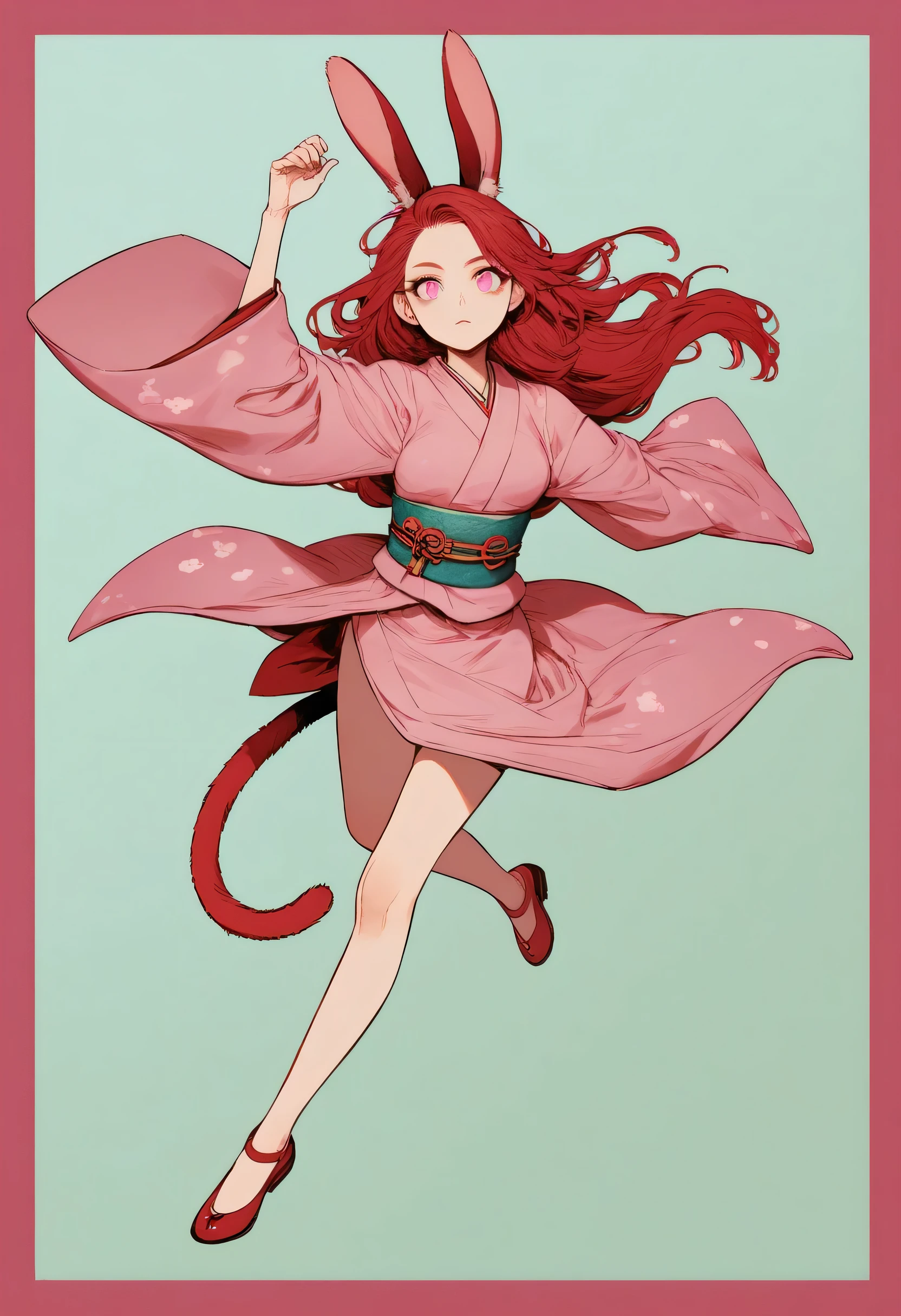 Santiago Caruso's Style , Alessandro Gottardo's Style 【 flat coating 】-
(( top quality )), illustrations, Hairy, cat, animal ears , Tail, A Girl in a Kimono with Rabbit Ears Is Flying, whole body, 1 girl, pink kimono 、Festive attire、Lonely, long hair, tousled hair、Flying Girl , , pink eye, Staring at the Audience , perfect body, dynamic pose,