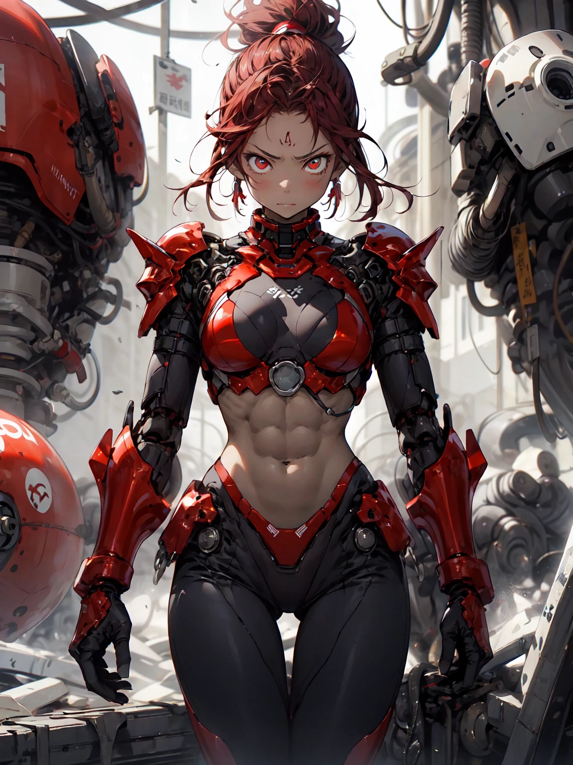 Be realistic、（masterpiece、 top quality 、 top quality 、 very detailed、puppet、Most detailed、（Abstract Background：1.5）（ 1 girl ）、Kamimei、（red hair ponytail）、（Red eyes glow、Big Breasts、 tight abs 、Stunned） crystals、 red bikini、Sexy、Machine Armor、 tanned skin 、（ plug suit ）、irritated eyes 