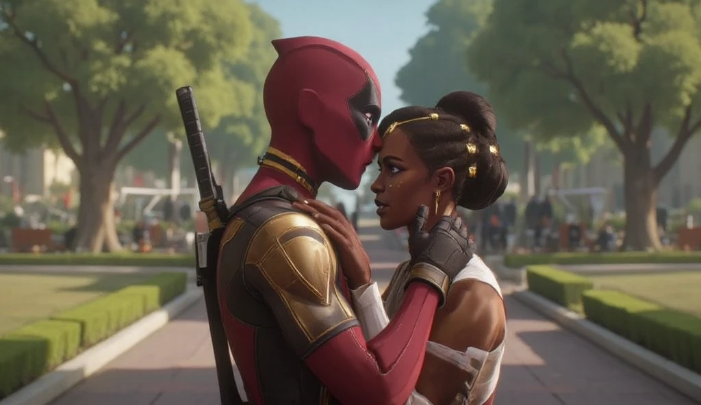 deadpool in a bodysuit and a mask                                                                                                                                                                
BREAK
Mel Medarda, hugging each other at the park