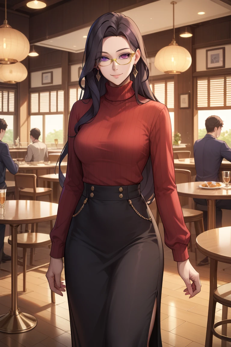 ((masterpiece)),  top quality,  Very detailed , masterpiece,  best quality, Fraction_9, Fraction_8_up, Fraction_7_up, Fraction_6_up,, grade_explicit, 1 Girl, ( unique :1.1),,  long hair, Black Hair,  Purple Eyes,, Turtleneck, Long sleeve,  Long skirt, expressionless,  Narrow shoulders , Watching the audience,  gold glasses， slim，Private room in the restaurant，Smile